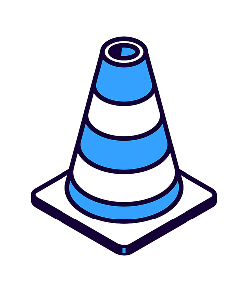 Striped road cone isometric icon, road works equipment isolated vector illustration