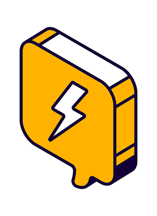 Isometric speech bubble with lightning sign, thunderbolt, danger symbol isolated vector icon