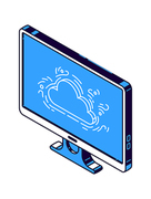 Computer monitor, virtual cloud and documents with information, isometric vector icons
