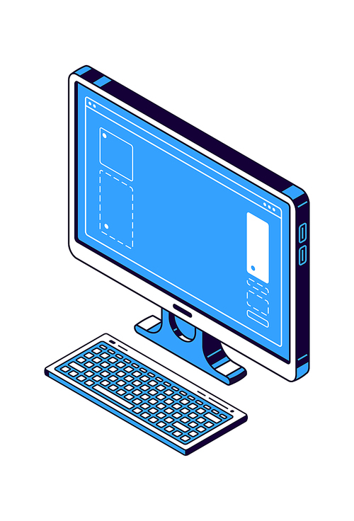Computer monitor, keyboard isometric vector icons