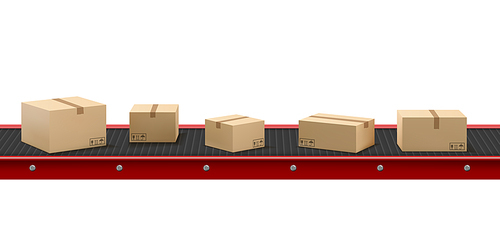 conveyor belt with cardboard boxes at factory, plant or warehouse. vector realistic illustration of automated machine in production line with product packages isolated on