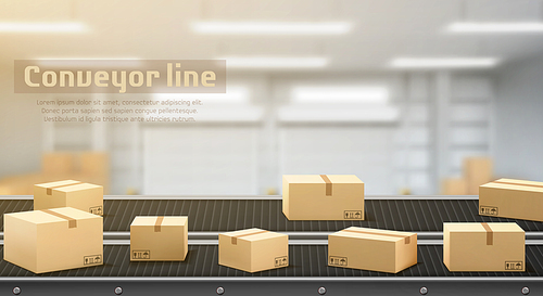 Conveyor line with carton boxes side view, industrial processing production belt, automated manufacturing engineering equipment on factory area blurred background, Realistic 3d vector illustration