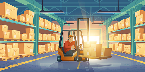 Worker in forklift in warehouse with cardboard boxes on shelves. Vector cartoon storage room interior with open shutter doors, goods on metal racks and lift truck with driver