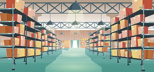 Warehouse interior with cardboard boxes on metal racks. Vector cartoon illustration of empty storage room interior with goods, cargo and parcels on shelves. Storehouse in store, garage, market
