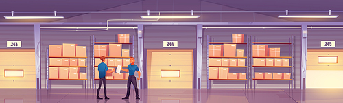 Warehouse with workers, cardboard boxes on shelves and closed gates with rolling shutter. Vector cartoon illustration of empty storage room interior with goods on metal racks and storehouse staff