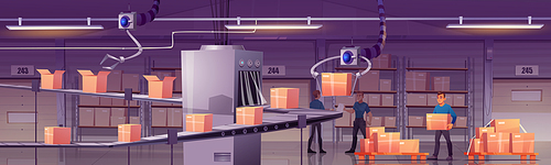 Factory warehouse with conveyor belt, automated robots, workers and cardboard boxes on shelves and pallets. Vector cartoon illustration of storage room interior with automatic production line