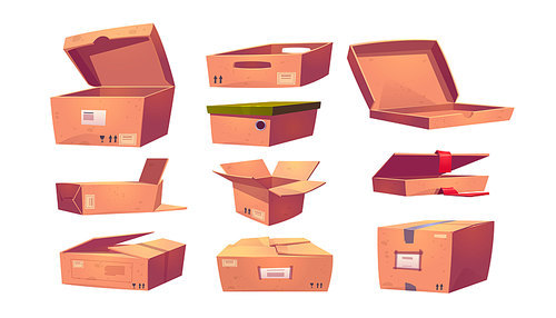 Empty cardboard boxes different shapes isolated on white . Vector cartoon set of brown package boxes for shipping parcels, shoes storage and delivery pizza