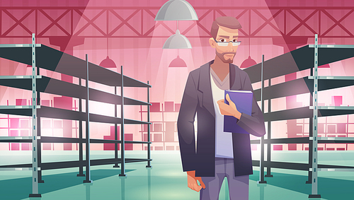 Businessman in warehouse with empty metal racks. Vector cartoon illustration of storage room interior with worker and shelves for stock, cargo, goods. Storehouse with man with folder