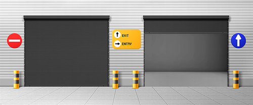 Garage doors, commercial hangar entrances with roller shutters and signs. Warehouse close, open boxes, Realistic 3d vector storage for car parking or rent, rooms for repair service with metal doorways