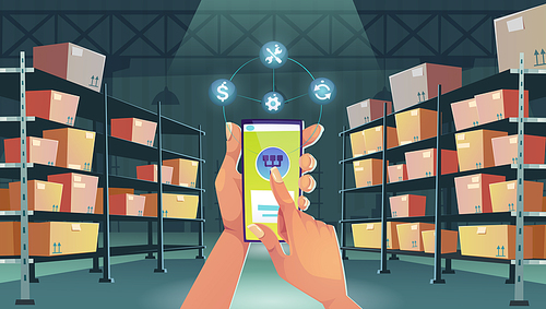 Hands with smartphone on warehouse interior background. Smart logistics, cargo and goods delivery postal service. Storehouse distribution business app, logistic technology, Cartoon vector illustration