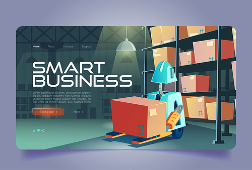 Smart business cartoon landing page. Forklift robot loading box in warehouse interior. Intelligent logistics, cargo delivery, postal service. Storehouse with racks and parcels, vector web banner