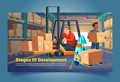 Warehouse workers and robot load boxes on racks cartoon banner. Storehouse stages of development, logistics business. Forklift loaders work in freight storage with goods on shelves, vector concept