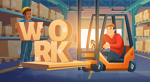 Work in warehouse, forklift driver loading cardboard boxes on racks. Freight distribution, logistics and goods delivery business. Workers in storage room at market storehouse, Cartoon vector banner