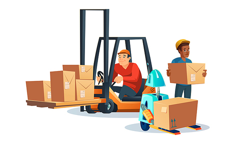 Forklift with driver, worker and robot carrying cardboard boxes. Vector cartoon illustration of lift truck with goods, autonomous robot and warehouse staff isolated on white 