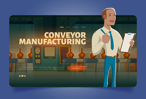 Conveyor manufacturing banner with automatic belt at factory and worker with clipboard. Vector landing page of mass production line with cartoon illustration of man and bottles on conveyor belt