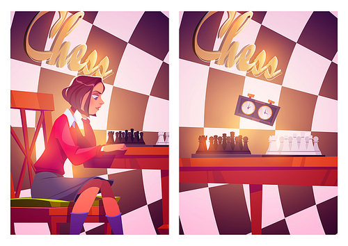 Chess posters with girl plays board game with pieces and clock. Vector flyers with cartoon illustration of woman player sitting at table with chessboard and timer on checkered background
