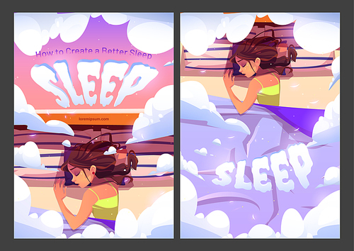 How to create a better sleep cartoon ad poster. Young woman lying on pillows in bed top view, dormant girl nap at home or hotel, relaxing and sleeping with fluffy clouds around, vector illustration