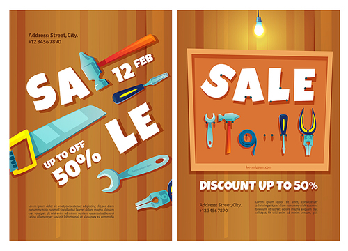 Construction tools sale posters. Hardware shop banners with sale and discount. Vector flyers with cartoon illustration of carpentry work and repair instruments, hammer, saw and spanner on wooden wall