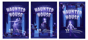 Haunted house cartoon flyers, invitation to Halloween party with costumes and cocktails. Abandoned hall with ghosts walk in darkness. Scary corridor with spooky dead characters, vector illustration