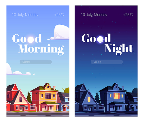 City street with houses at night and morning. Vector template for mobile phone screensaver with time and weather. Smartphone background theme with cartoon cityscape