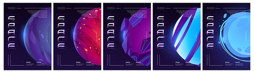 Space exploring posters. Vector set of futuristic flyers with cartoon illustration of fantasy alien planets on background of outer space with stars. Design template of explore galaxy, cosmos discovery