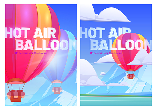 Hot air balloons fly above mountain valley with lake and green meadows. Vector posters of travel tour with cartoon illustration of flying colorful airships with baskets in sky with clouds