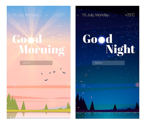 Mobile phone onboard screens, good night and good morning pages with nature landscape, date and temperature, search browser, vidget background, application template. Cartoon user interface design