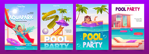 Kids aquapark pool party banners set, amusement aqua park with water attractions, boy riding slide, girl swimming on inflatable ring, outdoor children summer entertainment. Cartoon vector illustration