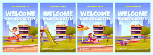 Welcome to kindergarten ad posters, invitation for kids to educational playschool. Nursery school with children on playground. Day care center for babies studying, Cartoon vector promo flyers set