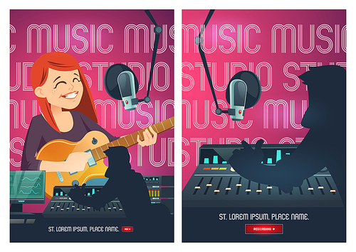 Recording studio cartoon poster, singer woman with guitar sing in music booth with microphone and engineer capturing, mixing and mastering samples on sound recorder board, vector illustration