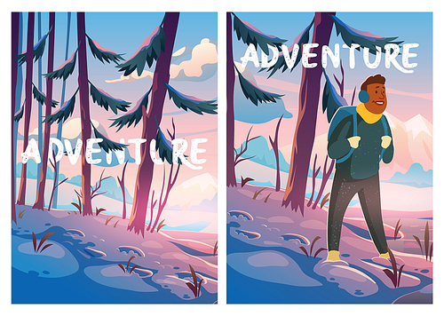 Adventure, travel journey cartoon poster, traveler at winter forest with mountains view. Tourist with backpack at wood rocky snowy landscape, hiking Vector illustration
