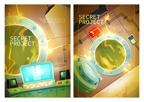 Secret project poster with control panel room in nuclear power plant with open door to reactor. Vector flyers for quest game with cartoon interior of bunker or laboratory with radiation green glow