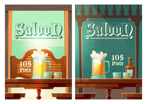 Cowboy saloon cartoon banner, glass tankards with foamy beer and shots with alcohol drinks stand on wooden old style table in wild west tavern. Invitation to retro pub or bar Vector poster
