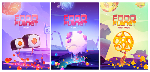 Food planet posters with fantasy landscape with sushi, fast food, candy and cheese trees. Vector cartoon flyer of restaurant, sweet store, menu cover or arcade game banner