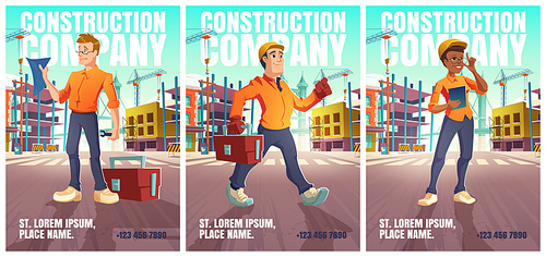 Construction company posters with people in helmet on city street with building works. Vector flyers with cartoon illustration of cityscape with construction site, girl architect and workers