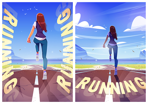 Woman running cartoon posters, sport workout, girl run by road with ocean and rocks landscape rear view. Female character outdoor training, fitness, jogging exercise or marathon, Vector illustration