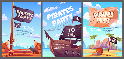 Pirates party kids adventure cartoon posters with treasure chest with gold on secret island, filibuster ship with jolly roger flag and cannon, invitation to children event, vector vertical flyers set