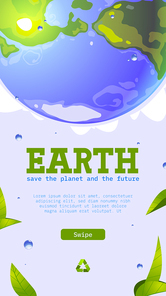 Save the Earth planet cartoon web banner with globe, green leaves, water drops, recycling symbol and swipe button. Environment protection, renewable energy and sustainable development Vector concept