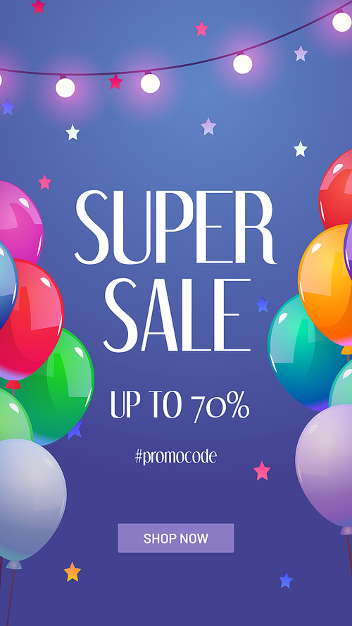 Super sale banner with promo code. Poster with special offer, price reduction. Vector discount flyer with cartoon illustration of flying colorful balloons, garland and stars