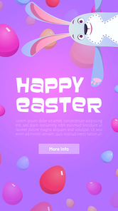 Happy Easter poster with eggs and cute bunny. Vector banner of spring holiday celebration with cartoon illustration of funny rabbit puppet, colorful eggs and text on purple background