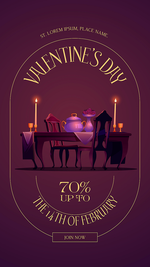 Valentines day poster with sale special offer. Vector flyer of romantic dinner for couple on date. Cartoon illustration of restaurant interior with dining table, chairs, candles