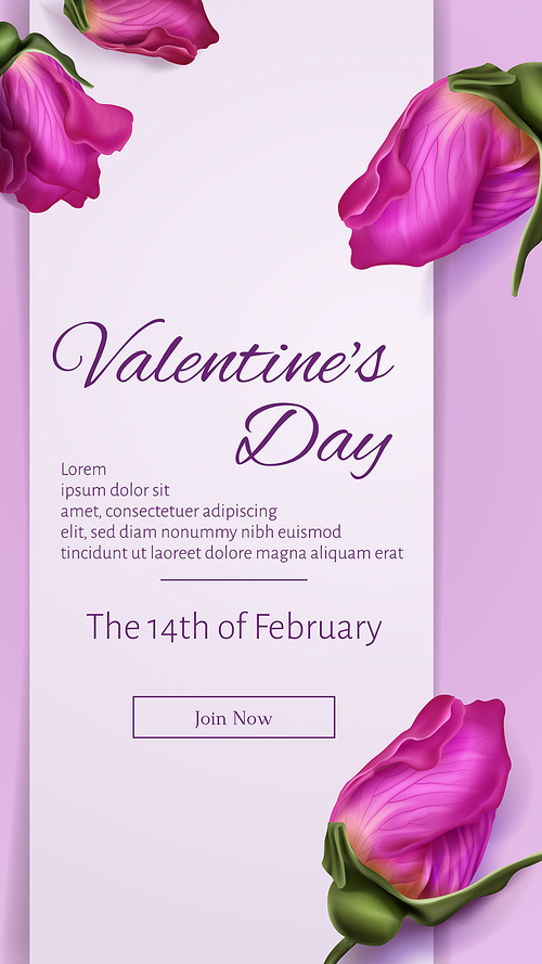 Valentine's day web banner, invitation with pink rose flowers on lilac background with typography and button join us. Romantic graphic layout, postcard, party invite with blossoms, 3d vector template