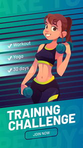 Poster of training challenge with workout, yoga and exercises. Vector banner of fitness marathon, sport activity with beautiful smiling girl in sportswear holding dumbbells