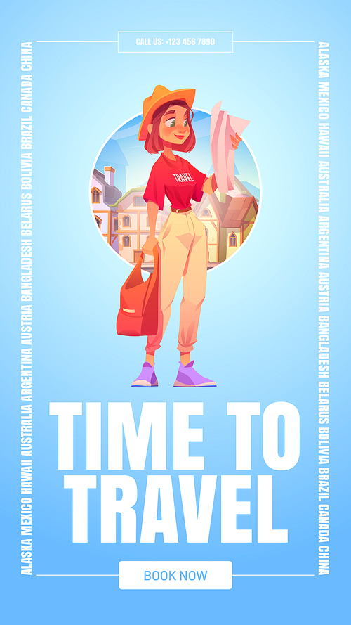 Time to travel poster with girl tourist with bag and map in foreign country. Vector flyer of vacation trip, international tourism with cartoon illustration of young woman traveler and city houses