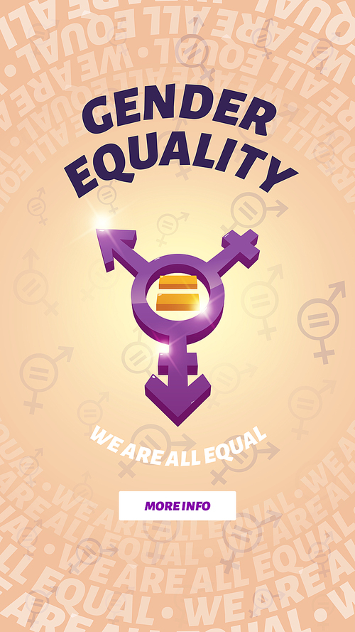 Gender equality poster with symbol of male and female equal. Vector banner of sex parity and human rights with cartoon illustration of purple sign of union gender marks with arrow and cross