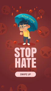Stop Hate, protest poster against racism, violence, hatred and discrimination. Vector social media template with cartoon illustration of asian boy with umbrella under rain of falling negative emoji