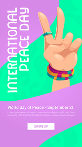 International peace day poster with hand shows V gesture. Vector banner of global day for freedom, peaceful world and against war. Social media template with cartoon hand sign with two fingers