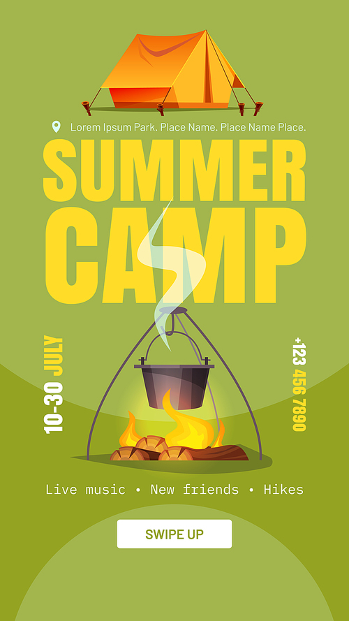 Summer camp banner with tent, bonfire and bowler. Vector social media template of tourism, hiking, vacation on nature with cartoon illustration of campsite with tent and cauldron on fire