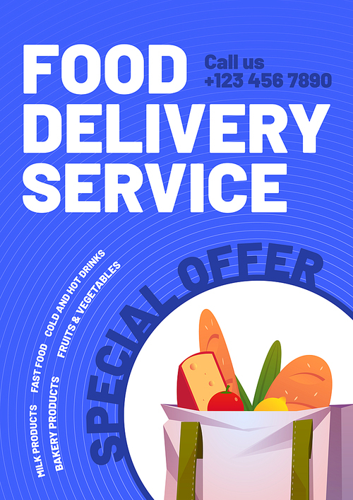 food delivery service poster. special offer for order from restaurant or store with fast shipping. vector banner with cartoon illustration of cotton bag full of products, bread and s