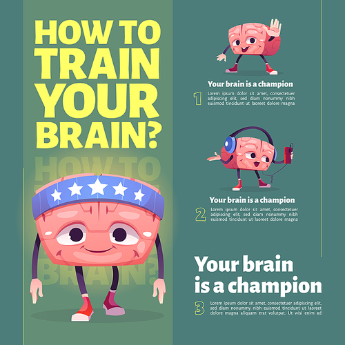 How to train brain poster with cute runner character. Vector banner of creative exercises for human mind health with cartoon illustration of happy brain with headphones and phone and doing workout